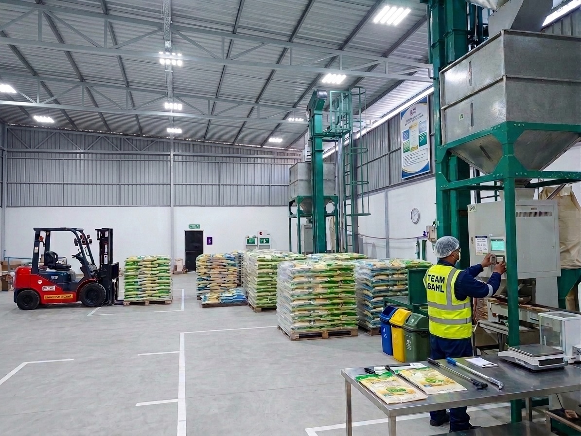 Rice processing and packing area with prepared rice stock